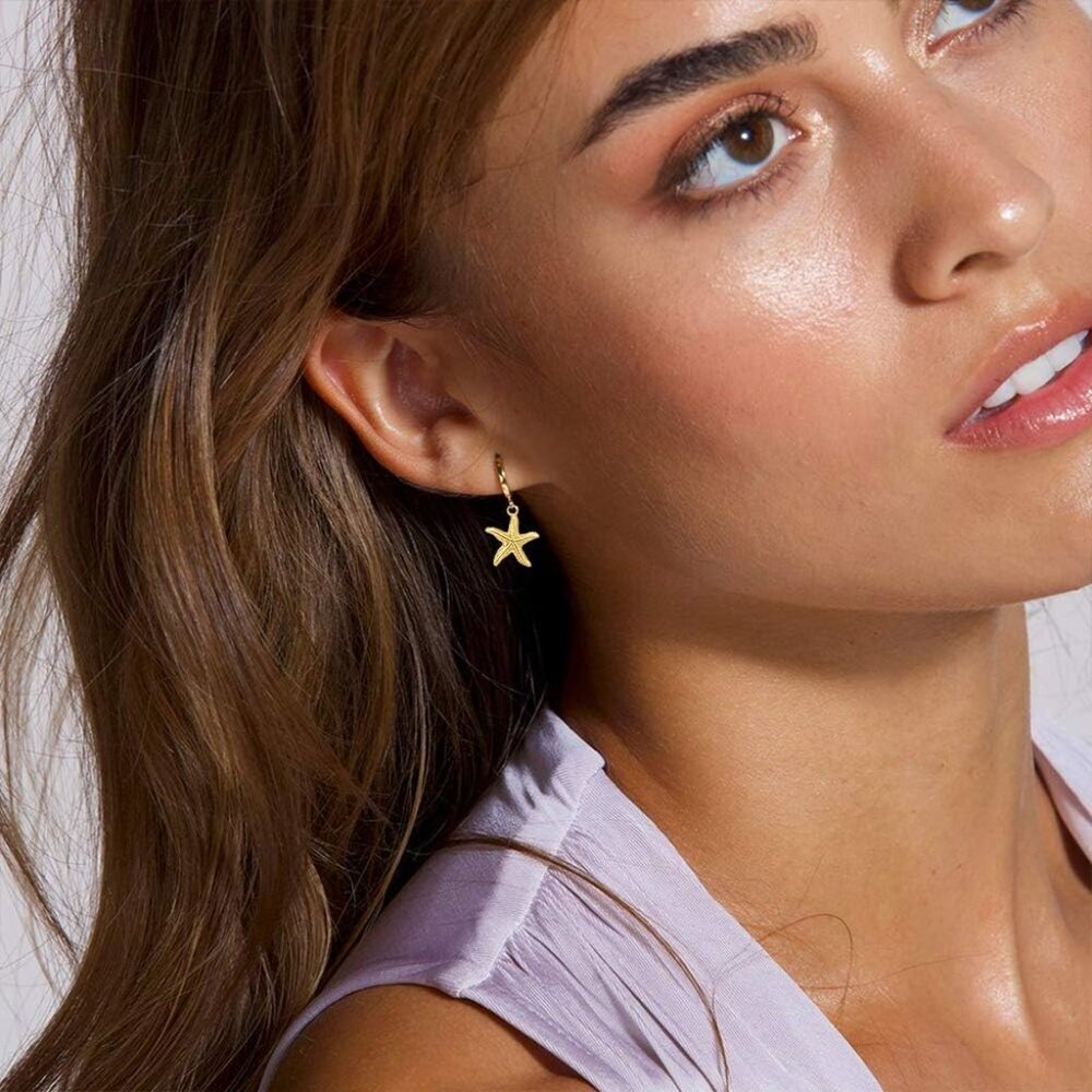 Huggie Earrings for Women - 14K Gold Plated Beach Sea Drop Dangle Earrings - Sta - Picture 2 of 7
